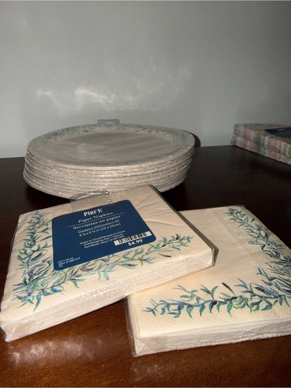 Pier 1 Cream 9” Dinner Plates w/ Green Leaf Border & Matching Napkins Disposabl